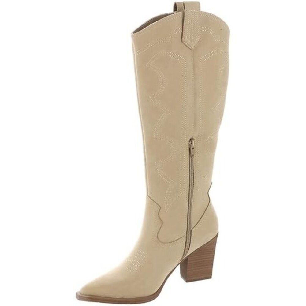 MIA Tex Western Boot Women's 6 Beige Leather Tall Block Heel Riding Boots FZP108 - Picture 2 of 12